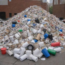 A vivid, ultra-high definition image showcasing a pile of various types of trash, including paper, cans, and plastic, in an urban setting.