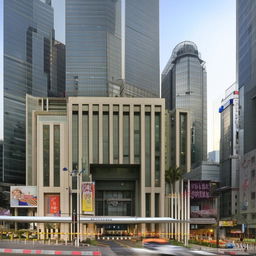 The front entrance of the Police Headquarters during the day, situated prominently in the bustling central business district, displaying rigorous security measures alongside bustling city life.