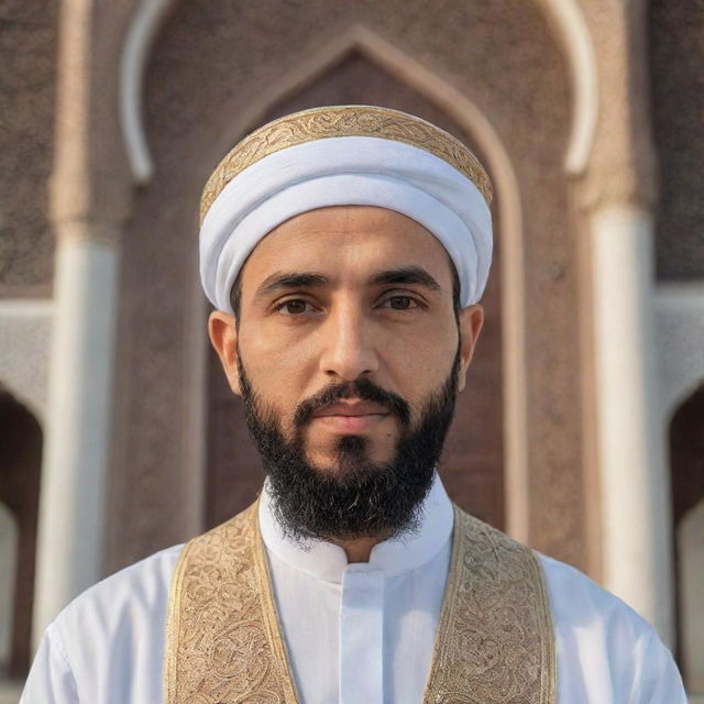 Imam Al with traditional Islamic attire, his face exuding wisdom and serenity against a background of a beautifully ornate mosque.