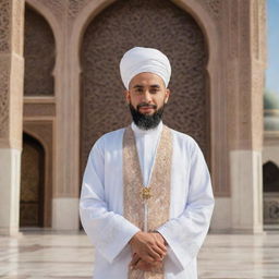 Imam Al with traditional Islamic attire, his face exuding wisdom and serenity against a background of a beautifully ornate mosque.