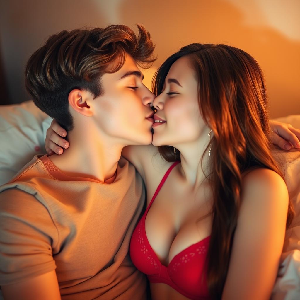 A young couple in a romantic and playful moment, showcasing an intimate atmosphere