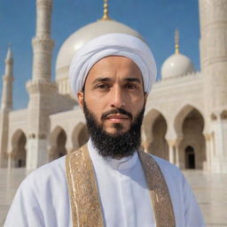 Imam Al with traditional Islamic attire, his face exuding wisdom and serenity against a background of a beautifully ornate mosque.