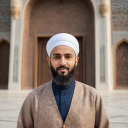 Imam Al with traditional Islamic attire, his face exuding wisdom and serenity against a background of a beautifully ornate mosque.