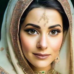 A portrait of a beautiful Iranian woman, featuring traditional attire, radiant features, and a mesmerizing gaze.