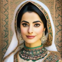 A portrait of a beautiful Iranian woman, featuring traditional attire, radiant features, and a mesmerizing gaze.