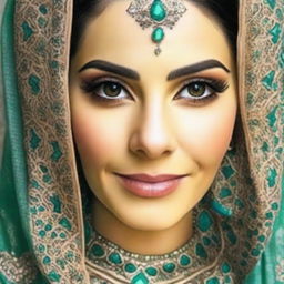 A portrait of a beautiful Iranian woman, featuring traditional attire, radiant features, and a mesmerizing gaze.