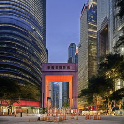 The front entrance of the Police Headquarters during the day, situated prominently in the bustling central business district, displaying rigorous security measures alongside bustling city life.