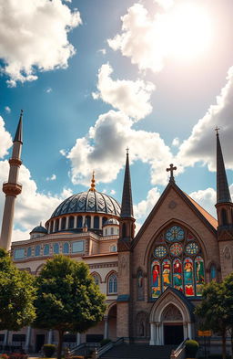 A beautiful scene depicting a mosque and a church side by side, showcasing their architectural grandeur