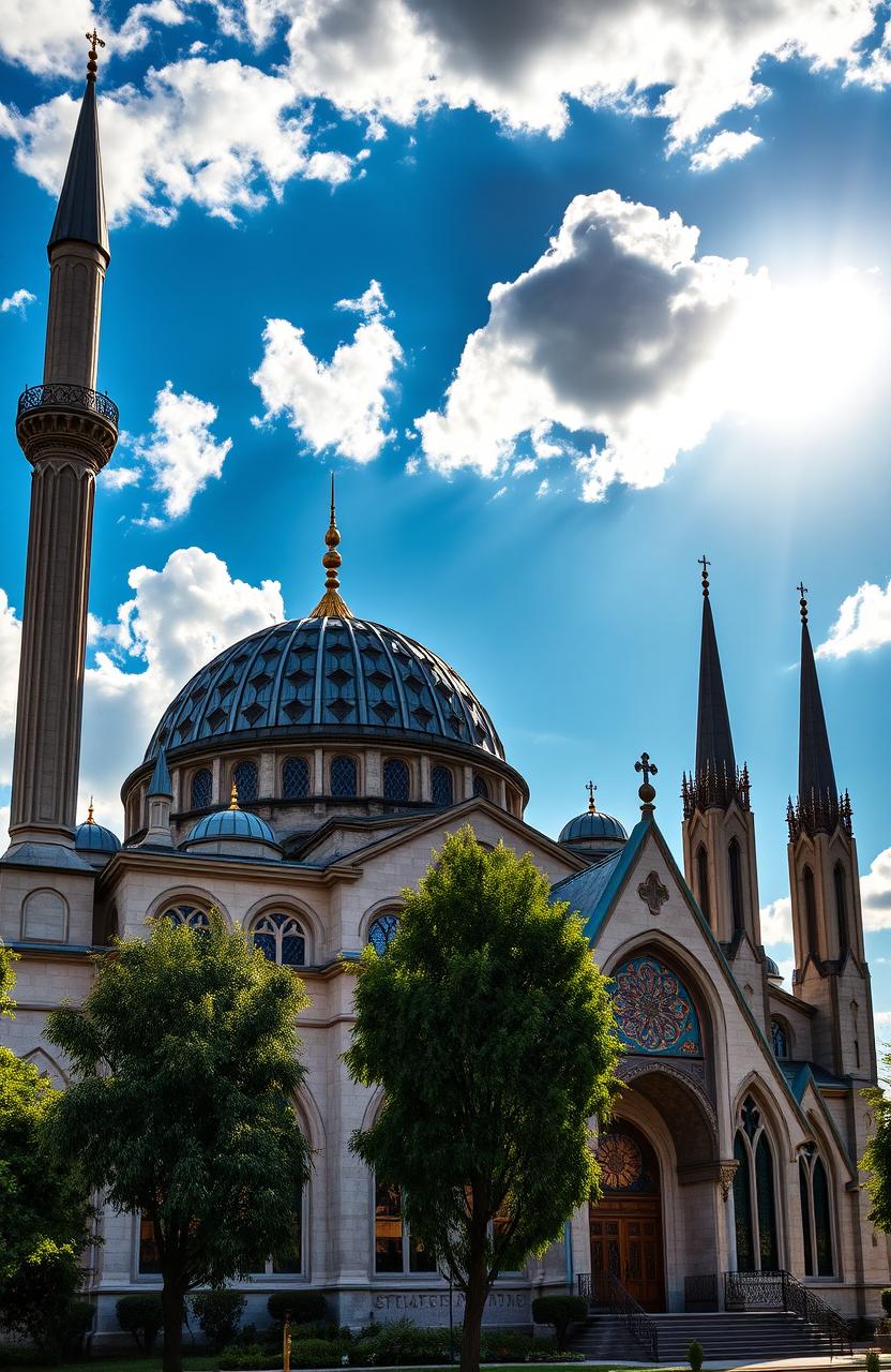 A beautiful scene depicting a mosque and a church side by side, showcasing their architectural grandeur