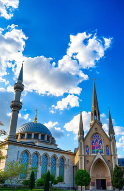 A beautiful scene depicting a mosque and a church side by side, showcasing their architectural grandeur