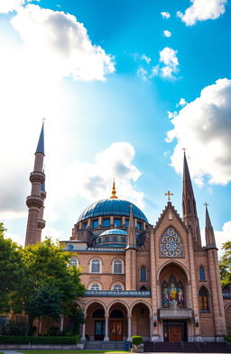 A beautiful scene depicting a mosque and a church side by side, showcasing their architectural grandeur