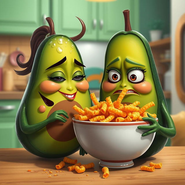 A realistic and anthropomorphized feminine avocado character, depicted eating a bowl of hot Cheetos