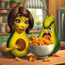 A realistic and anthropomorphized feminine avocado character, depicted eating a bowl of hot Cheetos