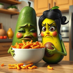 A realistic and anthropomorphized feminine avocado character, depicted eating a bowl of hot Cheetos