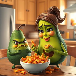 A realistic and anthropomorphized feminine avocado character, depicted eating a bowl of hot Cheetos