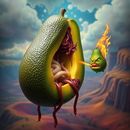 A surreal and striking image of a realistic feminine avocado floating in the air, with half of its body missing