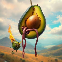 A surreal and striking image of a realistic feminine avocado floating in the air, with half of its body missing