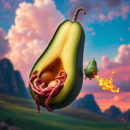 A surreal and striking image of a realistic feminine avocado floating in the air, with half of its body missing