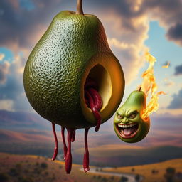 A surreal and striking image of a realistic feminine avocado floating in the air, with half of its body missing