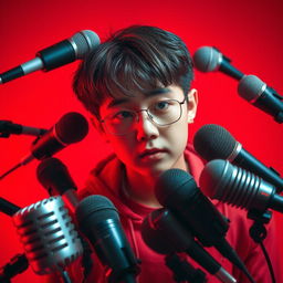 A dynamic composition featuring modern microphones scattered around a Korean boy