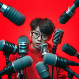 A dynamic composition featuring modern microphones scattered around a Korean boy