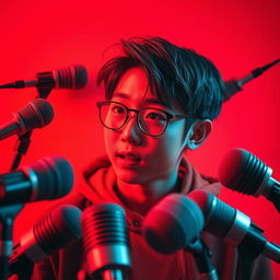 A dynamic composition featuring modern microphones scattered around a Korean boy