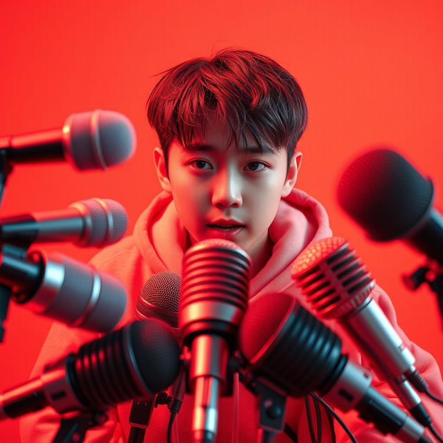 A dynamic composition featuring modern microphones scattered around a Korean boy