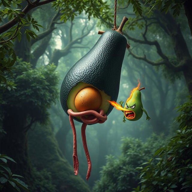 A surreal and striking image of a realistic feminine black avocado floating in the air, with half of its body missing