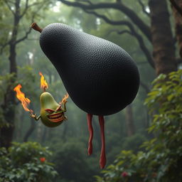 A surreal and striking image of a realistic feminine black avocado floating in the air, with half of its body missing