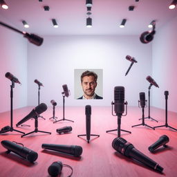 An artistic scene depicting modern microphones scattered throughout a spacious area, designed to allow for the insertion of an individual's photo