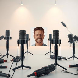 An artistic scene depicting modern microphones scattered throughout a spacious area, designed to allow for the insertion of an individual's photo