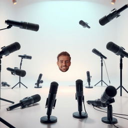 An artistic scene depicting modern microphones scattered throughout a spacious area, designed to allow for the insertion of an individual's photo