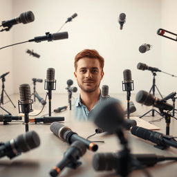 An artistic scene depicting modern microphones scattered throughout a spacious area, designed to allow for the insertion of an individual's photo