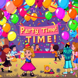 A vibrant pixel art scene for a video game, size 854x480, featuring a lively party in the background