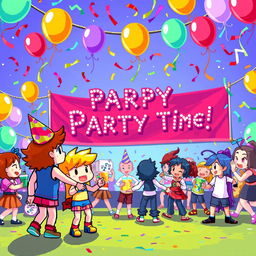 A vibrant pixel art scene for a video game, size 854x480, featuring a lively party in the background