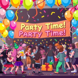 A vibrant pixel art scene for a video game, size 854x480, featuring a lively party in the background