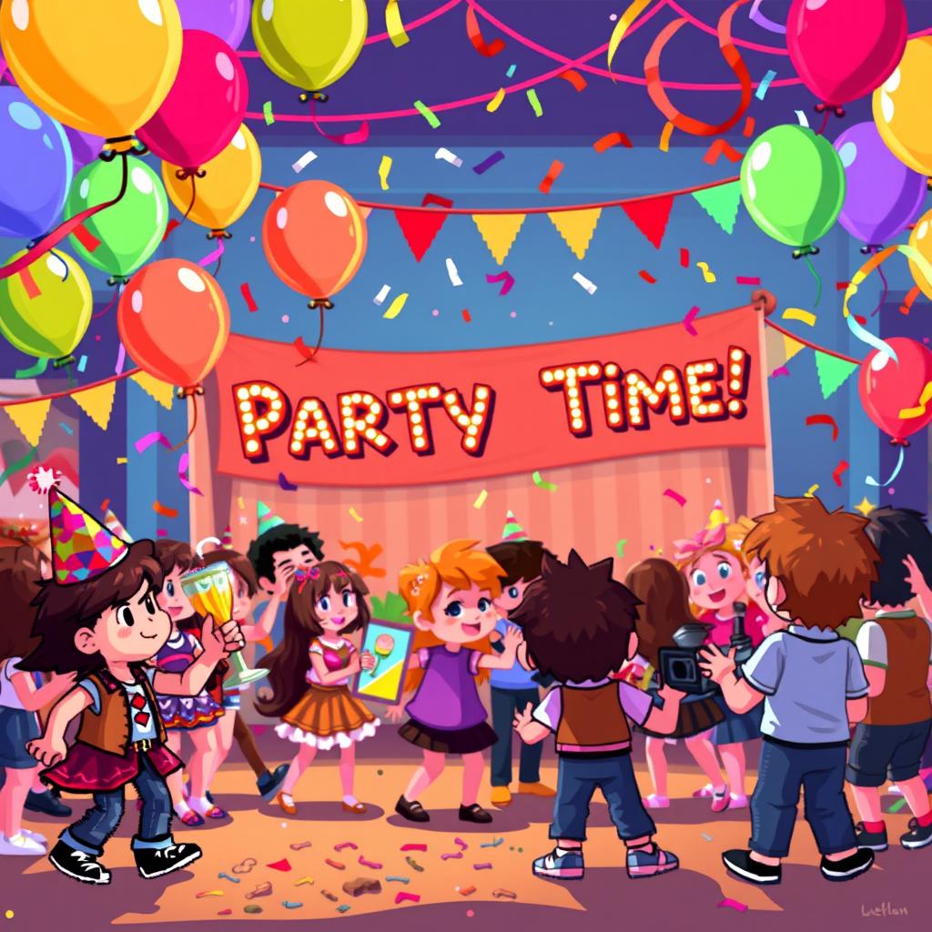 A vibrant pixel art scene for a video game, size 854x480, featuring a lively party in the background