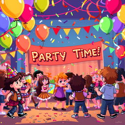 A vibrant pixel art scene for a video game, size 854x480, featuring a lively party in the background