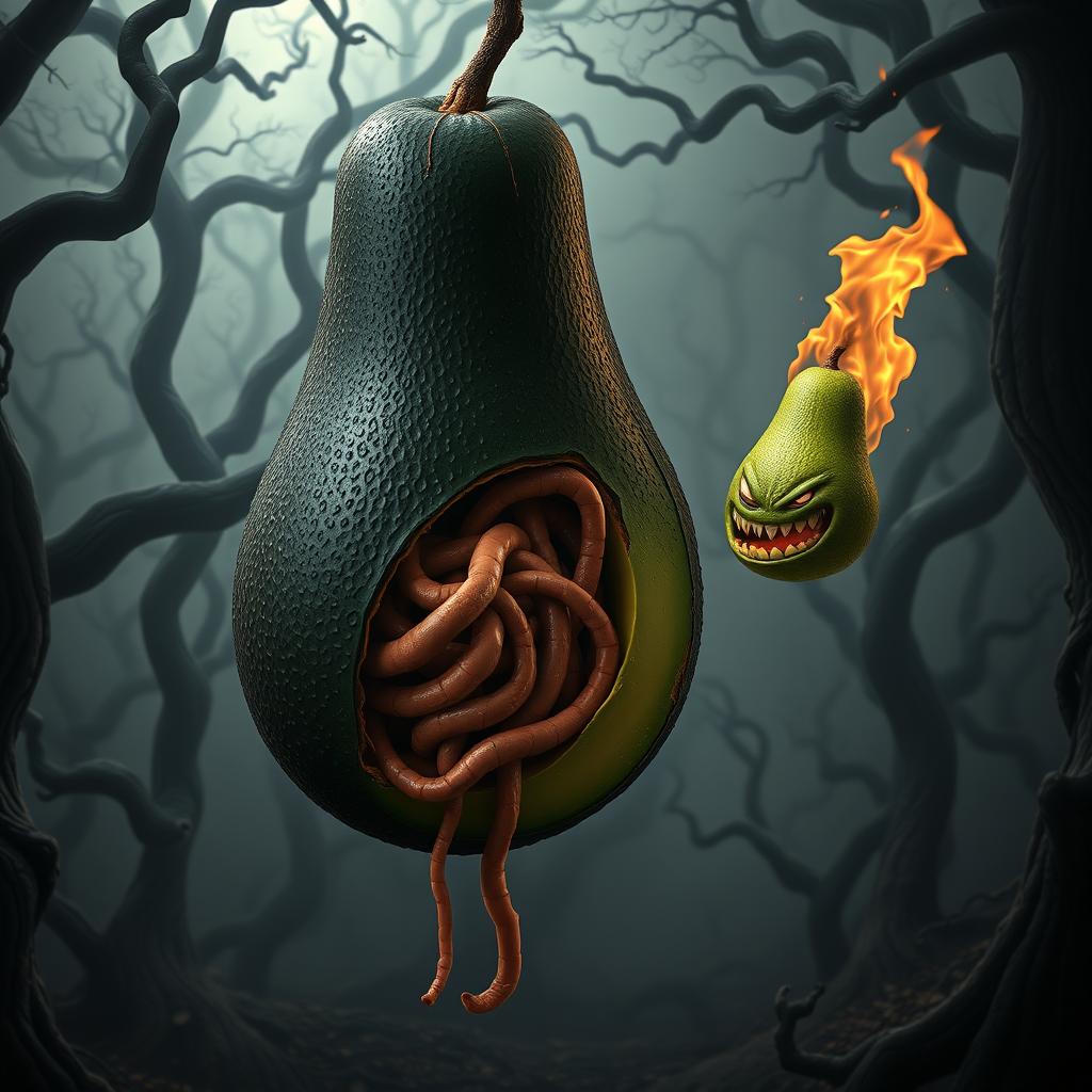 A surreal and striking image of a realistic feminine black avocado floating in the air, featuring a malevolent face that adds a sinister expression to the scene