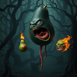 A surreal and striking image of a realistic feminine black avocado floating in the air, featuring a malevolent face that adds a sinister expression to the scene