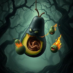 A surreal and striking image of a realistic feminine black avocado floating in the air, featuring a malevolent face that adds a sinister expression to the scene