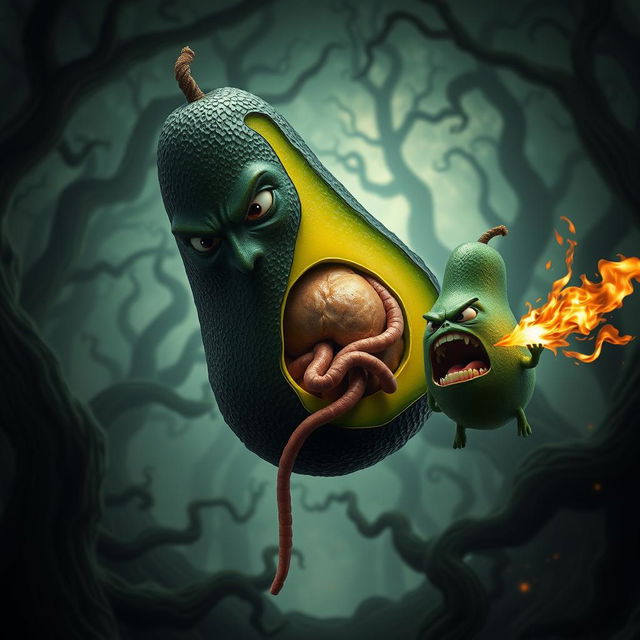 A surreal and striking image of a realistic feminine black avocado floating in the air, featuring a malevolent face that adds a sinister expression to the scene