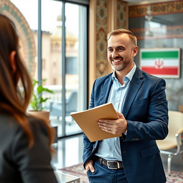 A Russian sales specialist, a man in business attire, confidently presenting in a modern office setting in Iran