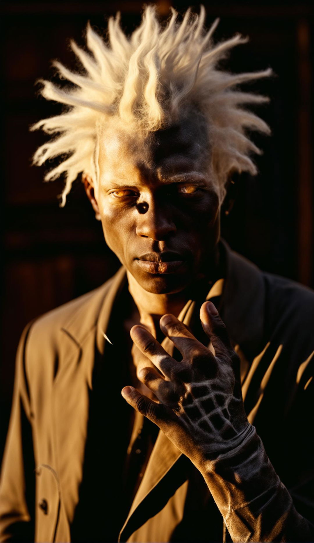 High-resolution candid photograph of a black man with albinism outdoors, shielding his eyes from the sun. Detailed depiction of sunlight and dust particles.