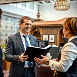 A Russian sales specialist, a man in business attire, confidently presenting in a modern office setting in Iran