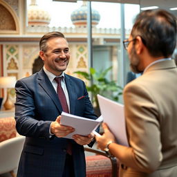 A Russian sales specialist, a man in business attire, confidently presenting in a modern office setting in Iran