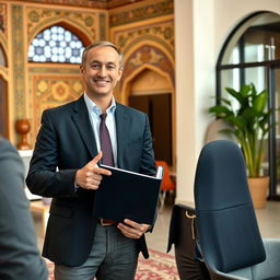 A Russian sales specialist, a man in business attire, confidently presenting in a modern office setting in Iran