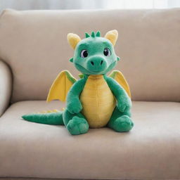 A small, friendly dragon sitting comfortably on a plush couch