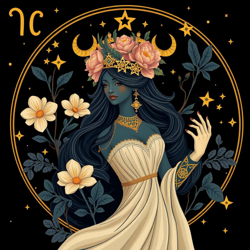 A playful yet realistic representation of the Virgo zodiac sign, featuring an elegant maiden surrounded by lush botanicals and stars