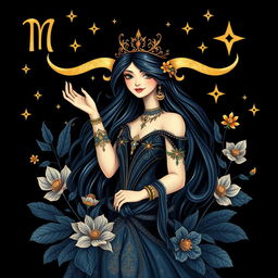 A playful yet realistic representation of the Virgo zodiac sign, featuring an elegant maiden surrounded by lush botanicals and stars